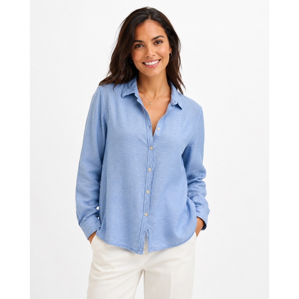 Orvis Blue Linen Blend Button Front Shirt XXL Long Sleeve‎ Casual Quiet Luxury